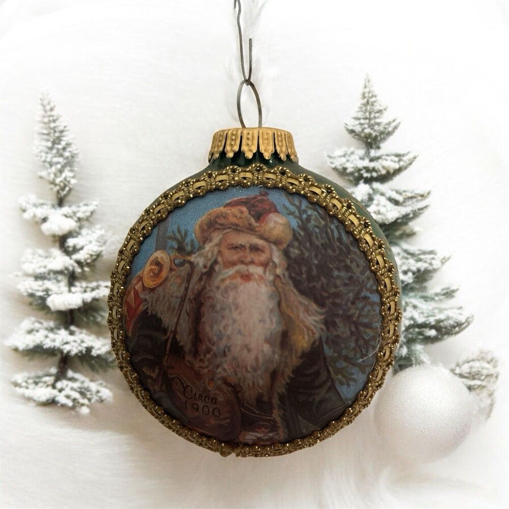Krebs 1997 Christmas Glass Ball Santa on Silk Germany Green Gold